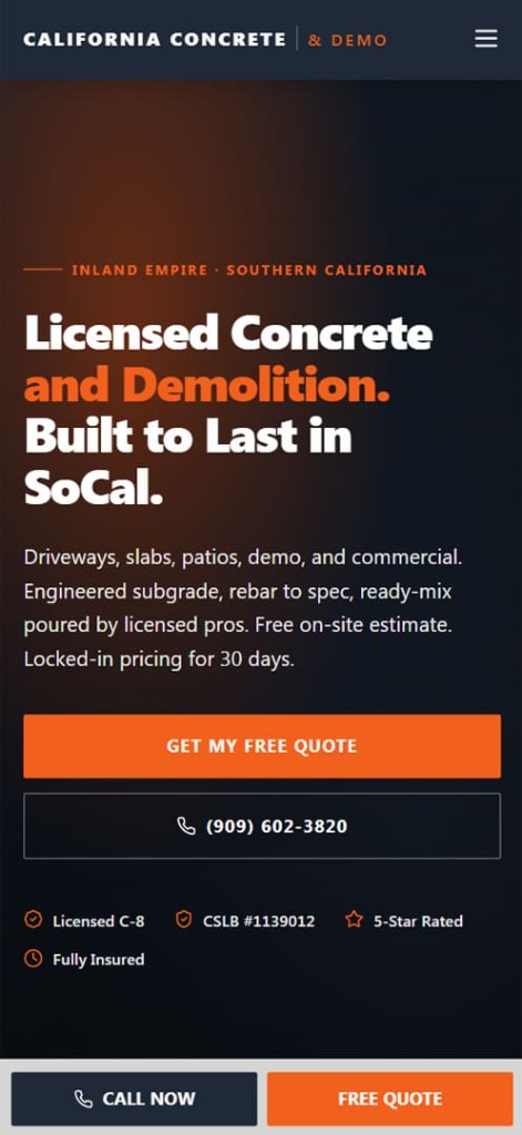 Concrete mobile website homepage