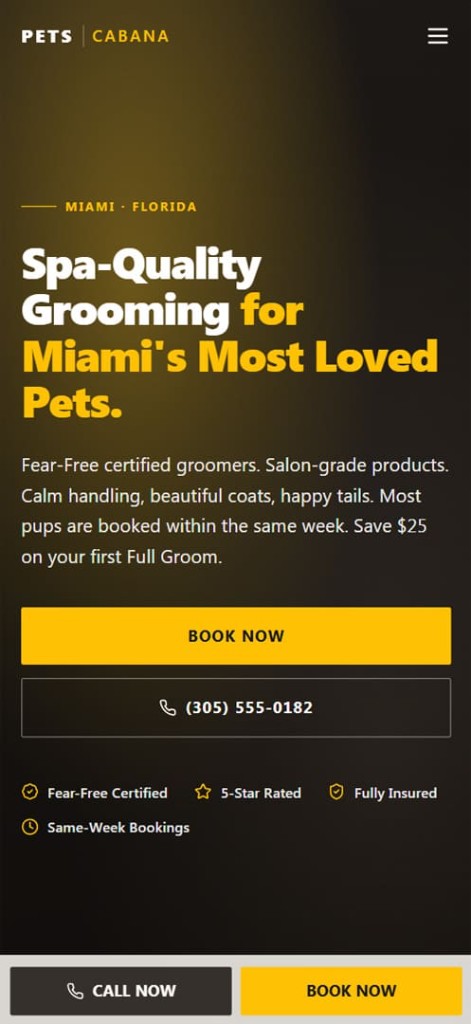 Pet grooming mobile website homepage