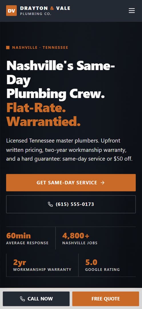 Plumber mobile website homepage