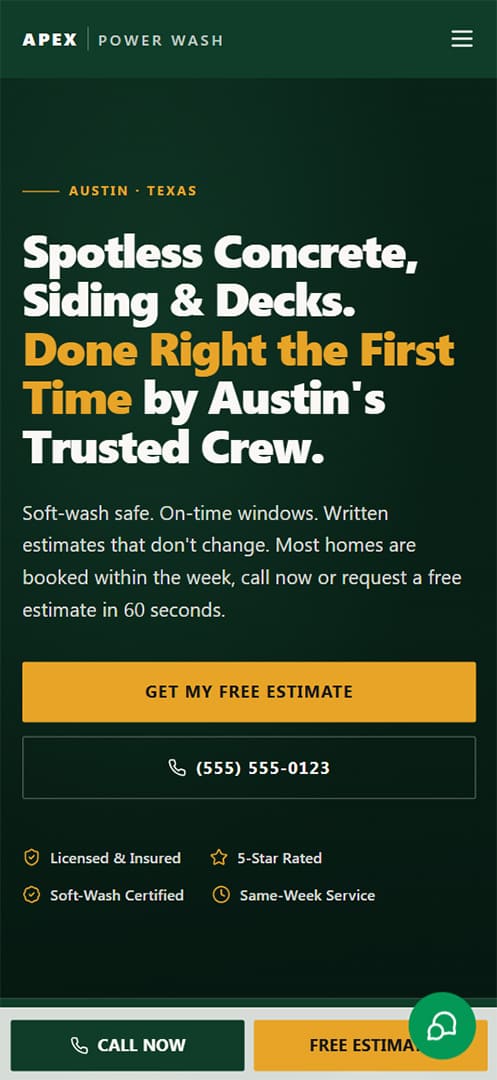 Pressure washing mobile website homepage